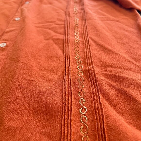 Rust Orange Genuine Haband Guayabera Embroidered Pleated Vertical Designs L - Picture 2 of 7